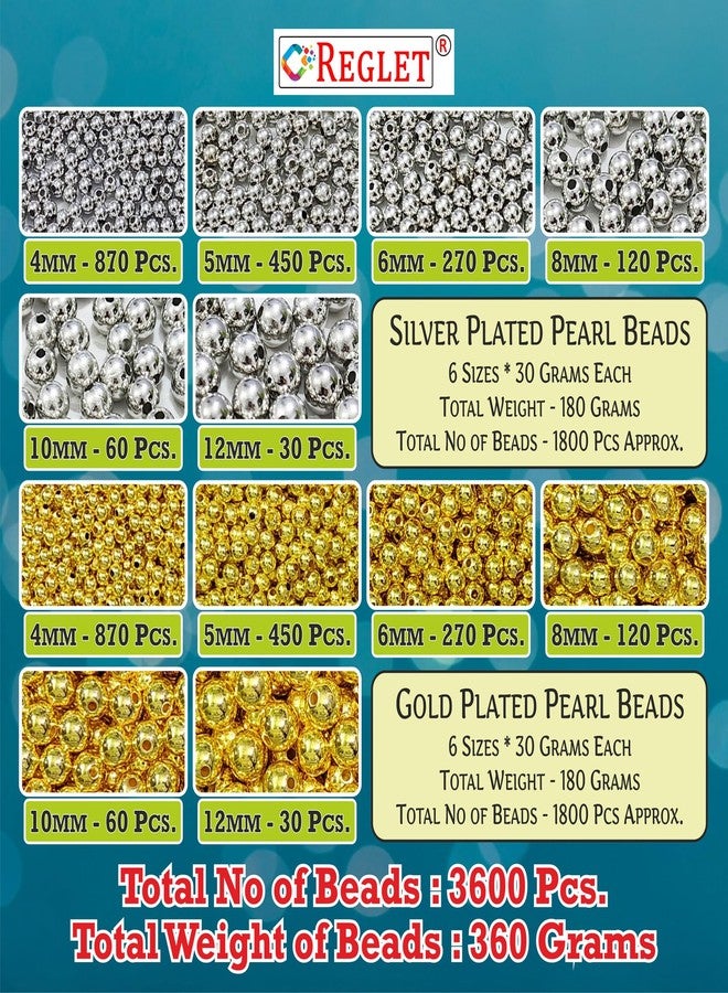 REGLET 1800 Pcs Golden & 1800 Pcs Silver Beads for Bracelets Making - Pearls for Craft, Beads for Jewellery Making Kit, Beadwork, Beading, Crafting, Bead Craft - 4, 5, 6, 8, 10, 12MM - 360g - Image 2